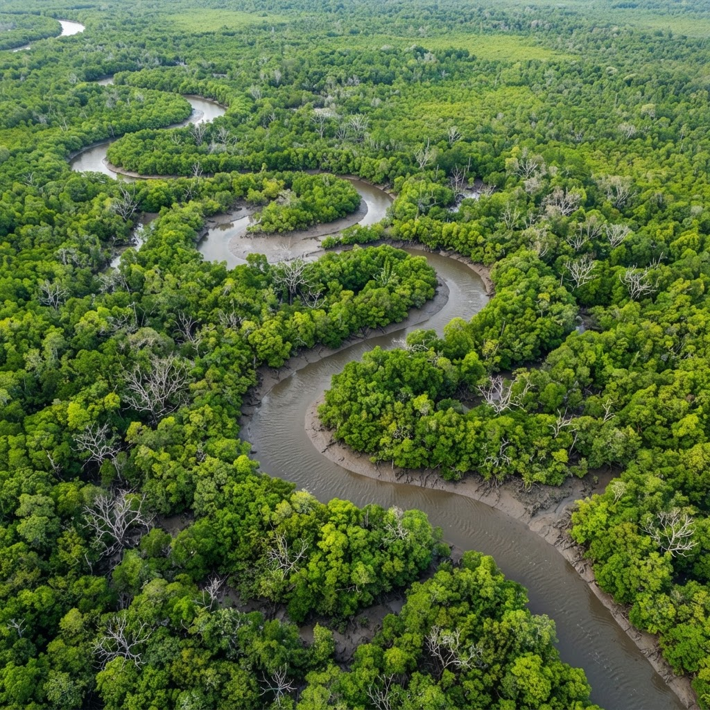 Vista aérea de um rio serpenteando por uma floresta densa e verde